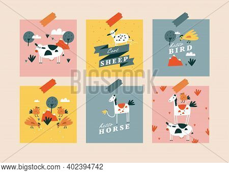 Vector Flat Illustartions Set Of Cards With Animals - Horse, Cow, Chicken And Bird With Sheep. Funny