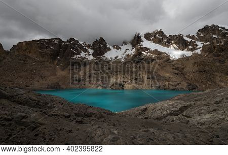 Panorama View Of Turquoise Cordillera Huayhuash Circuit Alpine Andes Mountain Lake Trapecio Ancash P