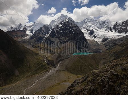 Panorama View Of Cordillera Huayhuash Circuit Andes Mountain San Antonio Pass Laguna Jurau Lake Huan
