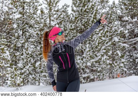 Woman Doing Ski Mountaineering In The Mountains In The Pyrenees In Europe In Winter 2020.