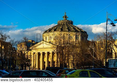 Detail View Over The Romanian Athenaeum Or Ateneul Roman, In The Center Of Bucharest Capital Of Roma