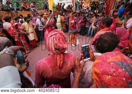 Mathura, Uttar Pradesh/ India- January 6 2020: Wide Angled Shot Of People Playing Lathmaar Holi In M