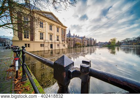 The Hague, The Netherlands - November 10, 2020: Mauritshuis Museum And Binnenhof Palace In The Hague