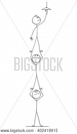 Cartoon Stick Figure Illustration Of Group Of Businessmen Or Men Cooperating As Team To Solve Proble