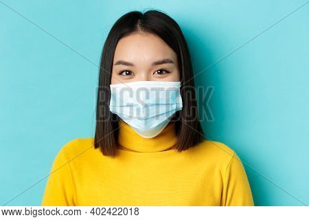 Covid-19, Social Distancing And Pandemic Concept. Close Up Of Young Asian Woman With Short Dark Hair