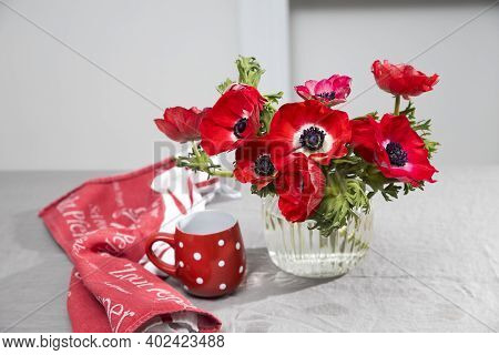 A Bouquet Of Red Anemones In A Transparent Glass Vase On A Table With A Gray Tablecloth. White Polka