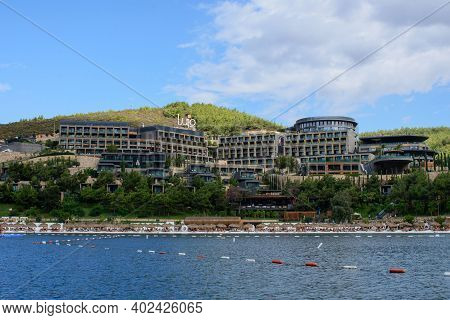 Turkey, Bodrum, October 2020. Beautiful Seascape. Sea, Mountains And Expensive Hotel Lujo Bodrum. Re