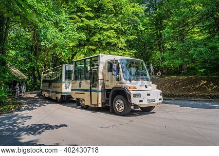 Plitvice Lakes, Croatia, June 2019 Unusual Vehicle, A Train Like Bus Mercedes Unimog Used For Touris