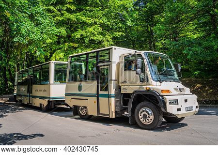 Plitvice Lakes, Croatia, June 2019 Unusual Vehicle, A Train Like Bus Mercedes Unimog Used For Touris