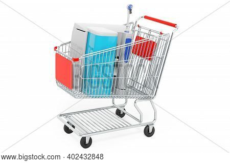 Shopping Cart With Water Flosser. 3d Rendering Isolated On White Background