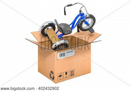Tricycle Kids Bicycle Inside Cardboard Box, Delivery Concept. 3d Rendering Isolated On White Backgro