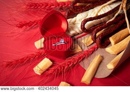 Original Edible Gift In The Form Of A Bouquet Consisting Of Sausages, Smoked Cheese, Spicy Cheese, R