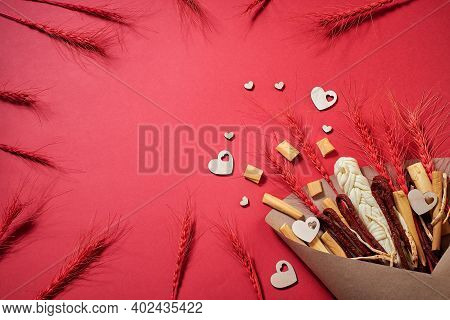 Original Edible Gift For Man In The Form Of A Bouquet Consisting Of Sausages, Smoked Cheese, Spicy C