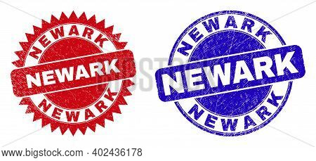 Round And Rosette Newark Watermarks. Flat Vector Grunge Watermarks With Newark Caption Inside Round 