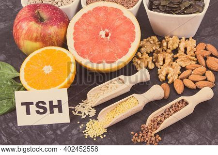 Inscription Tsh With Fruits, Vegetables And Ingredients As Best Food For Healthy Thyroid. Natural Ea