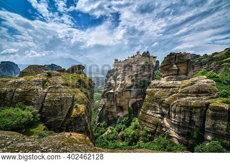 Great Meteoron Monastery In Rocky Landscape, Meteora Valley, Greece, Unesco World Heritage, Mountain