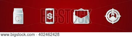 Set Coffee Beans In Bag, Smartphone With Dollar, Mail And E-mail And Head Hunting Icon. Vector