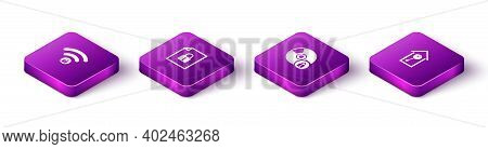 Set Isometric Wifi Locked, Document And, Cd Or Dvd Disk With And Retro Wall Watch Icon. Vector