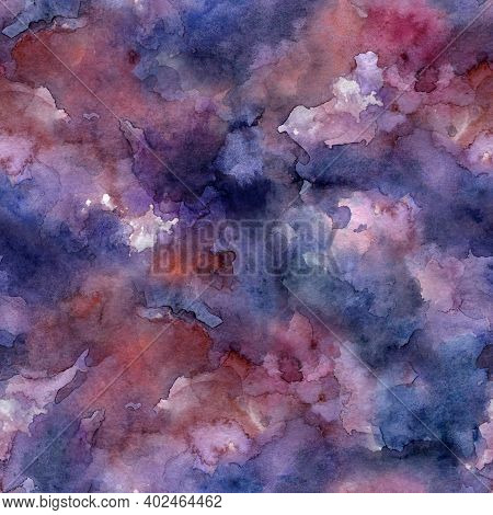 Watercolor Tie Dye Seamless Pattern With Galaxy Vibe. Hand Painted Wet Wash Illustration For Wallpap