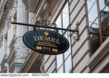 Vienna, Austria - Decembter 19 2020: Demel Confectioner Street Sign, The Famous Purveyor And Warrant