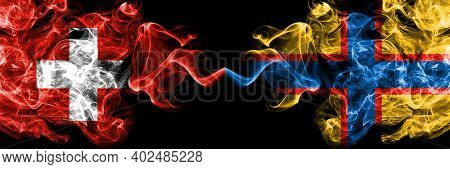 Switzerland, Swiss Vs Ingrian People Smoky Mystic Flags Placed Side By Side. Thick Colored Silky Abs