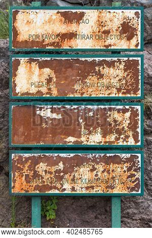 Madeira Island, Portugal - August 01, 2014: Rusty Information Panel At Viewpoint Eira Do Serrado