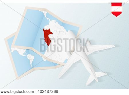 Travel To Peru, Top View Airplane With Map And Flag Of Peru. Travel And Tourism Banner Design.