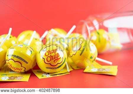 Samut Prakan, Thailand - January 9, 2021 : Chupa Chups Lollipop. The Entire Chupa Chups X Line Toys,