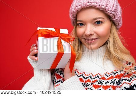 Beautiful Happy Young Blonde Woman Isolated Over Colourful Background Wall Wearing Stylish Casual Cl