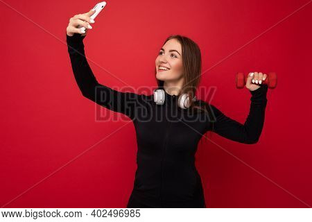 Photo Of Beautiful Positive Young Brunette Female Fithess Blogger Wearing Black Sport Clothes White 