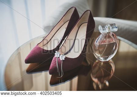 Wedding Set Of The Bride. Wine Red Shoes, Perfume. Bridal Accessories.