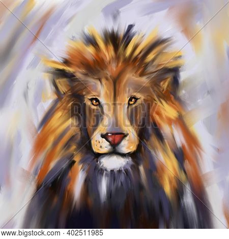 Lion Oil Painted Portrait, Animal T-shirt Print, Hand Drawn Picture, Abstract Modern Art