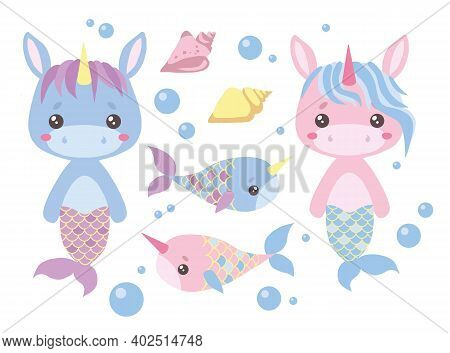 Baby Pink And Blue Cartoon Unicorn Mermaids, Swordfish, Seashell And Water Bubbles Vector Illustrati