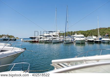 Bolshoy Utrish, Russia-21.08.2020: Boat Parking On The Water In Perfect Sunny Weather.