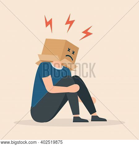 Tired Office Worker With A Box On His Head. Hidden Emotions. Boring Job. Everyday Routine. Stress, P