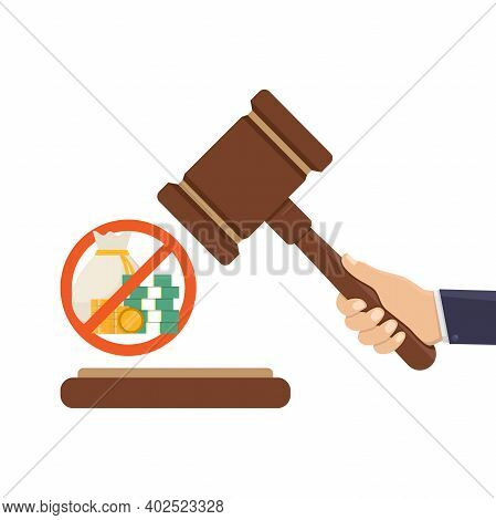 Stop Corruption, Judge Hammer, Money And Stop Sign, Flat Design Vector Illustration