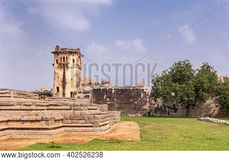Hampi, Karnataka, India - November 5, 2013: Zanana Enclosure. Base Of Demolished And Disappeared Que