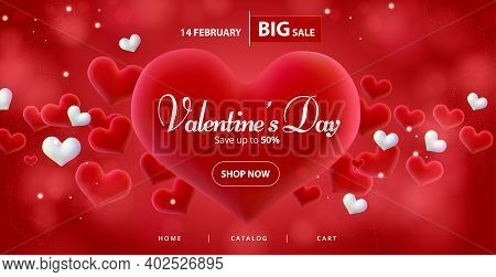 Valentines Day Big Sale Banner Background For Web-sete Header. Red Hearts. Cute Love Banner Or Valen