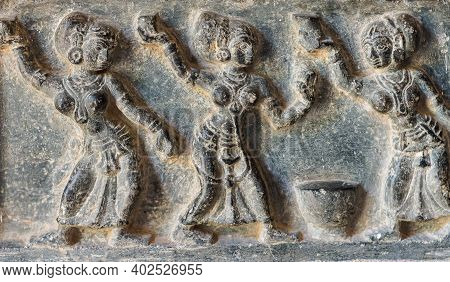 Hampi, Karnataka, India - November 5, 2013: Zanana Enclosure. Fresco On Black Marble Of Dancing Wome