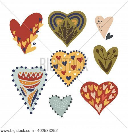 Cartoon Scandinavian Vector Heart Collection. Hand Drawn Valentines, Day Symbol Set With Flower Shap