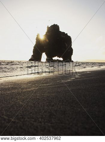 Panoramic Sunrise View Of Hvitserkur Dragon Rock Formation Petrified Basalt Sea Stack Vatnsnes Penin