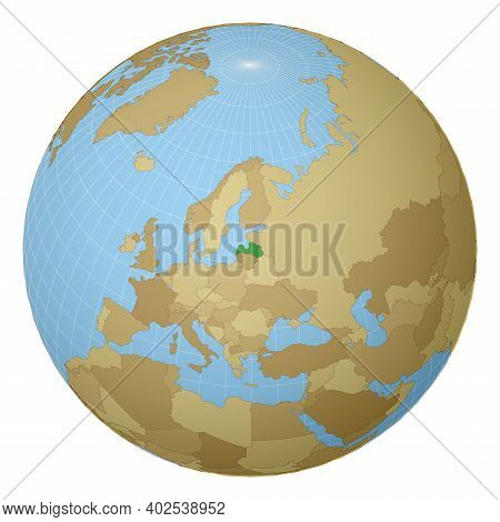 Globe Centered To Latvia. Country Highlighted With Green Color On World Map. Satellite Projection Vi