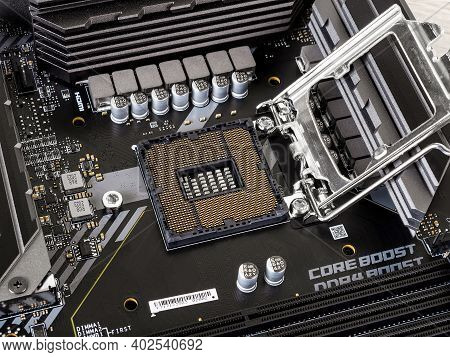 Varna, Bulgaria, January 06, 2021. Processor Socket With Gold Plated Contacts On A Modern Black Moth