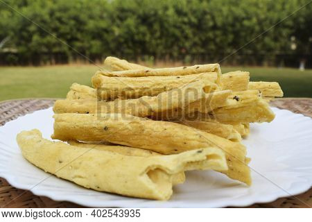 Gujarati Popular Snack Cuisine Item Snacks Breakfast. Made With Gramflour And Fried. Side View. Tast