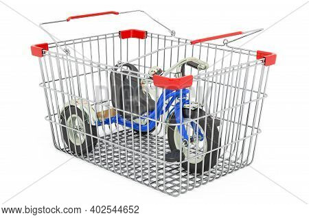 Tricycle, Kids Bicycle Inside Shopping Basket, 3d Rendering Isolated On White Background