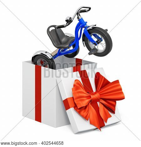 Tricycle, Kids Bicycle Inside Gift Box, Present Concept. 3d Rendering Isolated On White Background