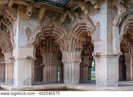 Hampi, Karnataka, India - November 5, 2013: Zanana Enclosure. Corner Detail Of Brown And Gray Stone 