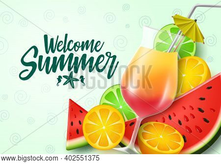 Welcome Summer Fruits Vector Banner Template. Welcome Summer Text With Tropical Fruit Element Like W