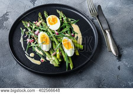 Asparagus With Eggs And French Dressing With Dijon Mustard, Onion Chopped In Red Vinegar  Taragon On