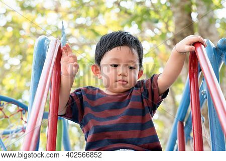 Asian Boy Portrait Enjoy, Little Boy Playing At The Park On The Playground For Kids & Children With 